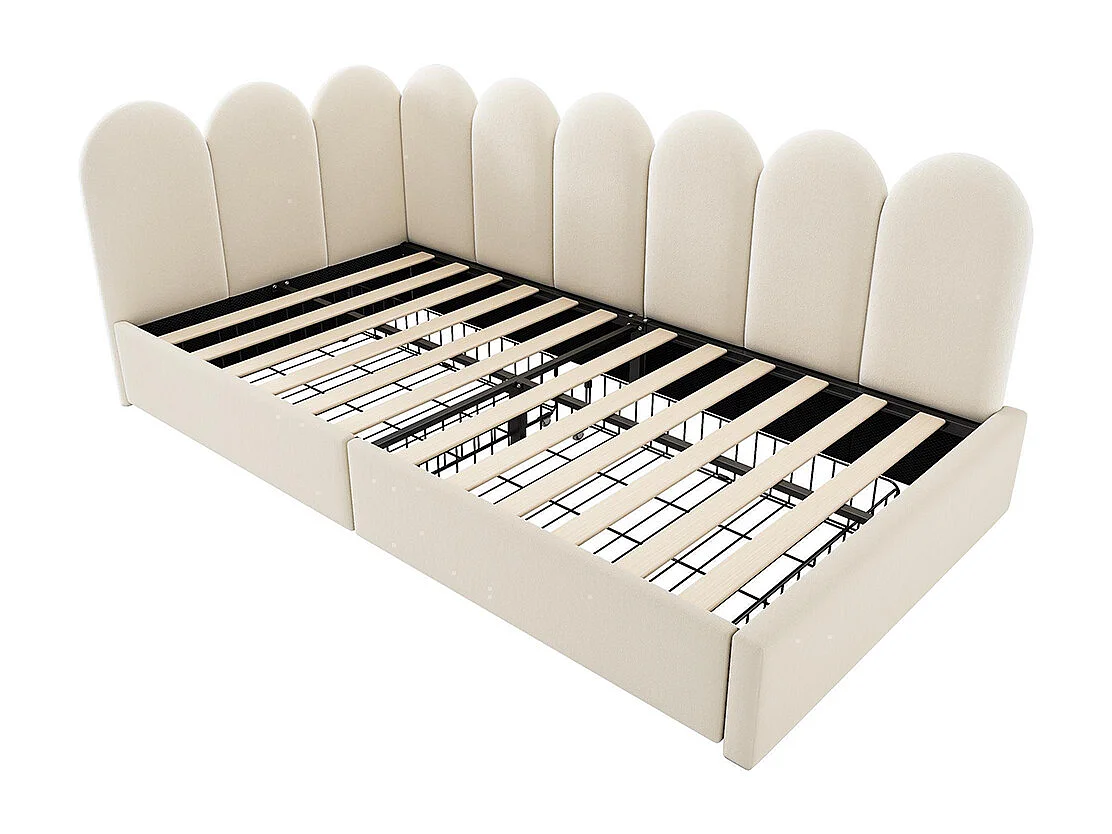 Kinderbed 90x200cm, met lades, met opbergruimte, fluweel, met lattenbodem, beige