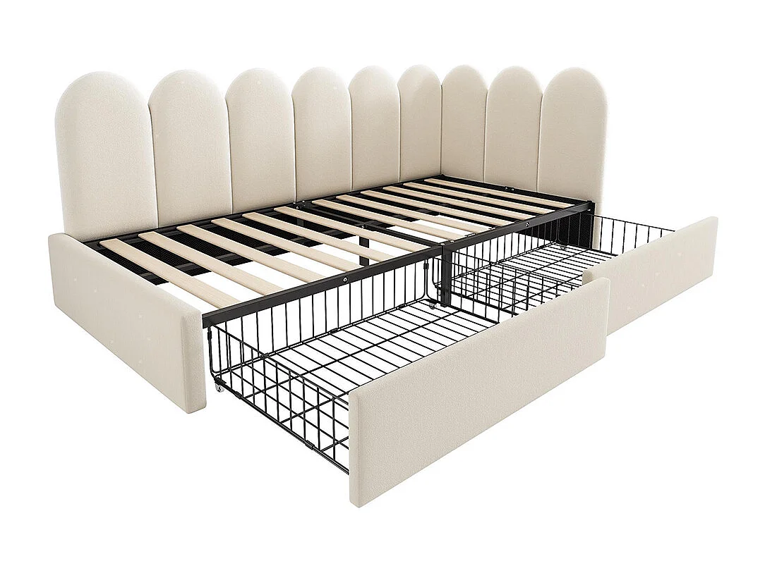 Kinderbed 90x200cm, met lades, met opbergruimte, fluweel, met lattenbodem, beige