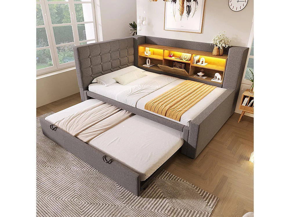 Lit banquette 90x200 cm, avec lit escamotable 90x191 cm et éclairage LED, tête de lit en forme de L, peut être monté des deux côtés, lin, gris