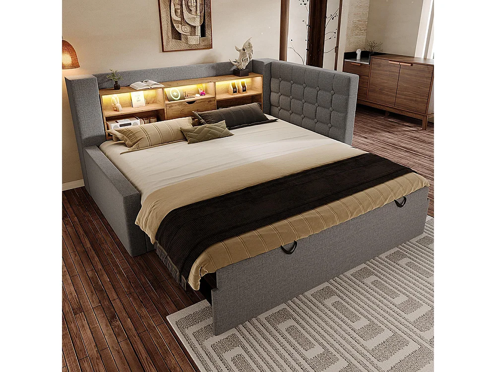 Lit banquette 90x200 cm, avec lit escamotable 90x191 cm et éclairage LED, tête de lit en forme de L, peut être monté des deux côtés, lin, gris