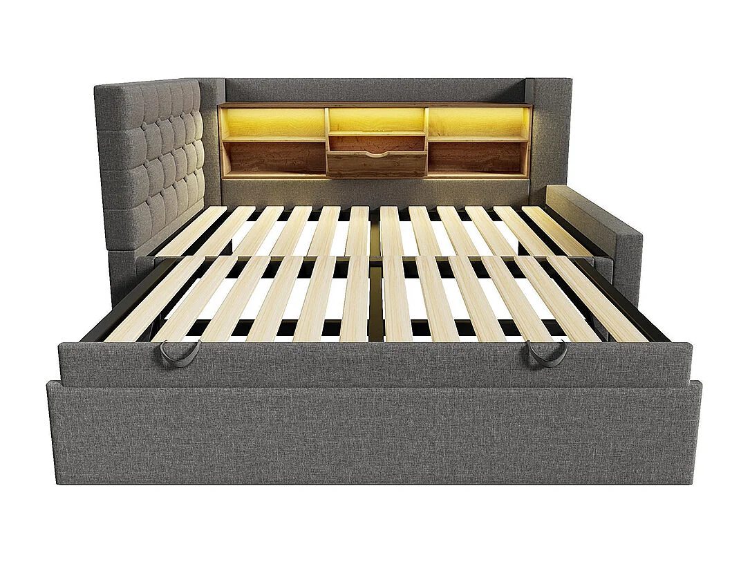 Lit banquette 90x200 cm, avec lit escamotable 90x191 cm et éclairage LED, tête de lit en forme de L, peut être monté des deux côtés, lin, gris