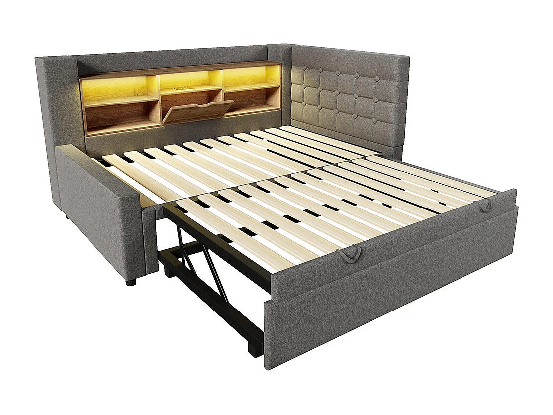 Lit banquette 90x200 cm, avec lit escamotable 90x191 cm et éclairage LED, tête de lit en forme de L, peut être monté des deux côtés, lin, gris