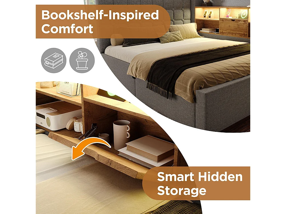 Lit banquette 90x200 cm, avec lit escamotable 90x191 cm et éclairage LED, tête de lit en forme de L, peut être monté des deux côtés, lin, gris