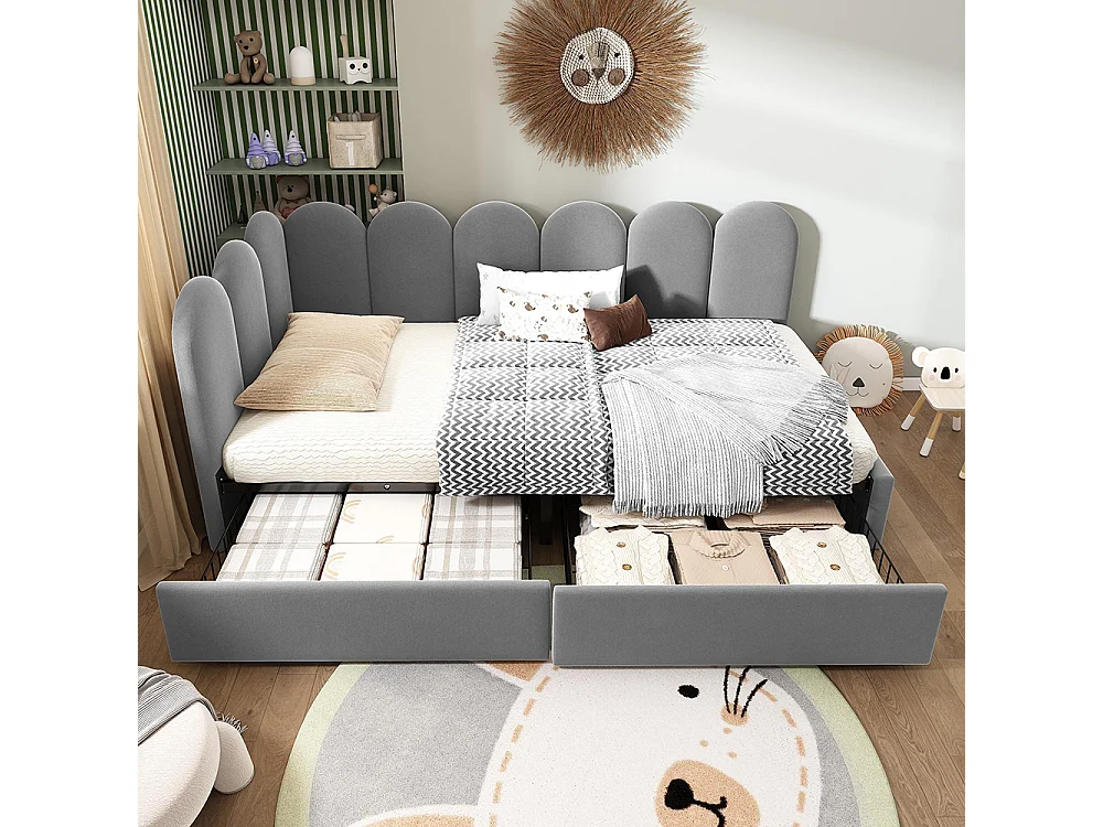 Kinderbed 90x200cm, met lades, met opbergruimte, fluweel, met lattenbodem, grijs