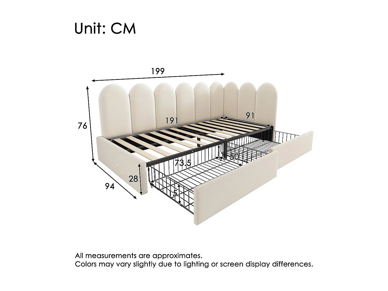 Kinderbed 90x190 cm, met lades, met opbergruimte, fluweel, met lattenbodem, beige