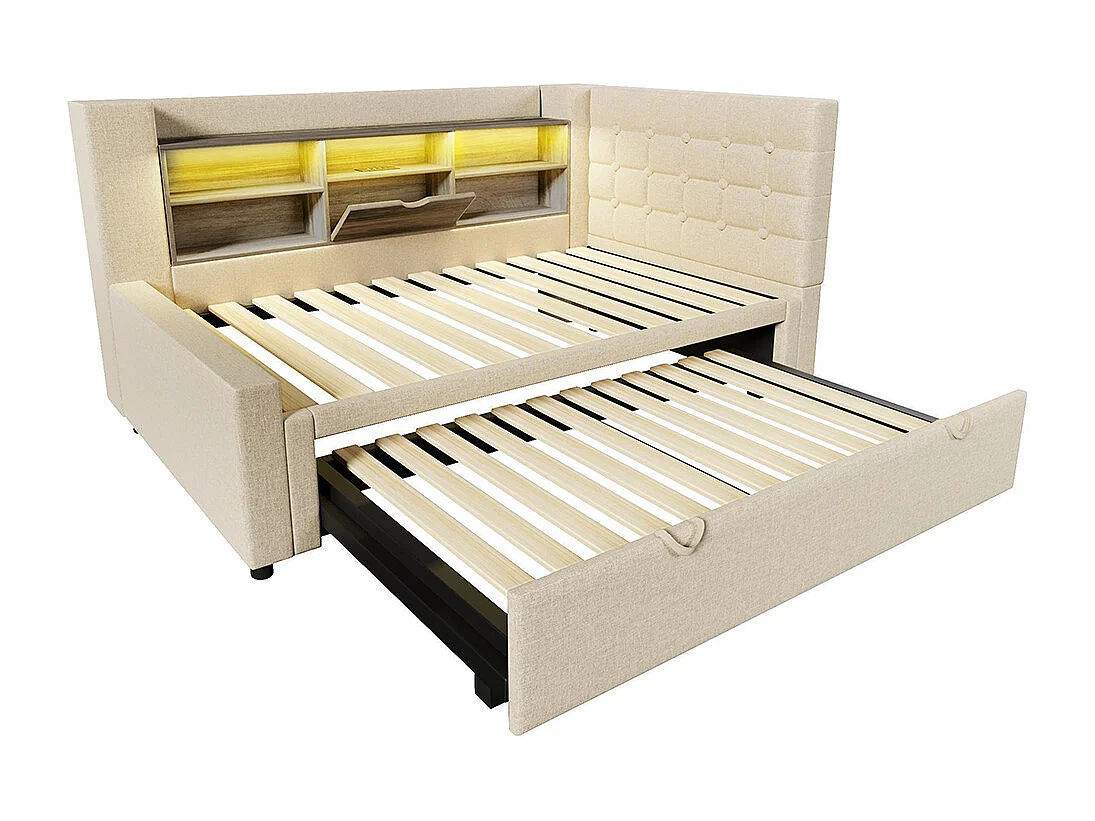 Lit banquette 90x200 cm, avec lit escamotable 90x190 cm et éclairage LED, tête de lit en forme de L, peut être monté des deux côtés, lin, beige