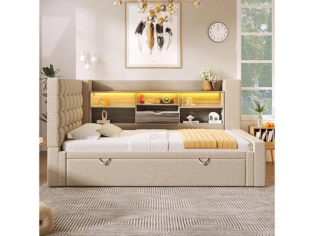 Lit banquette 90x200 cm, avec lit escamotable 90x190 cm et éclairage LED, tête de lit en forme de L, peut être monté des deux côtés, lin, beige
