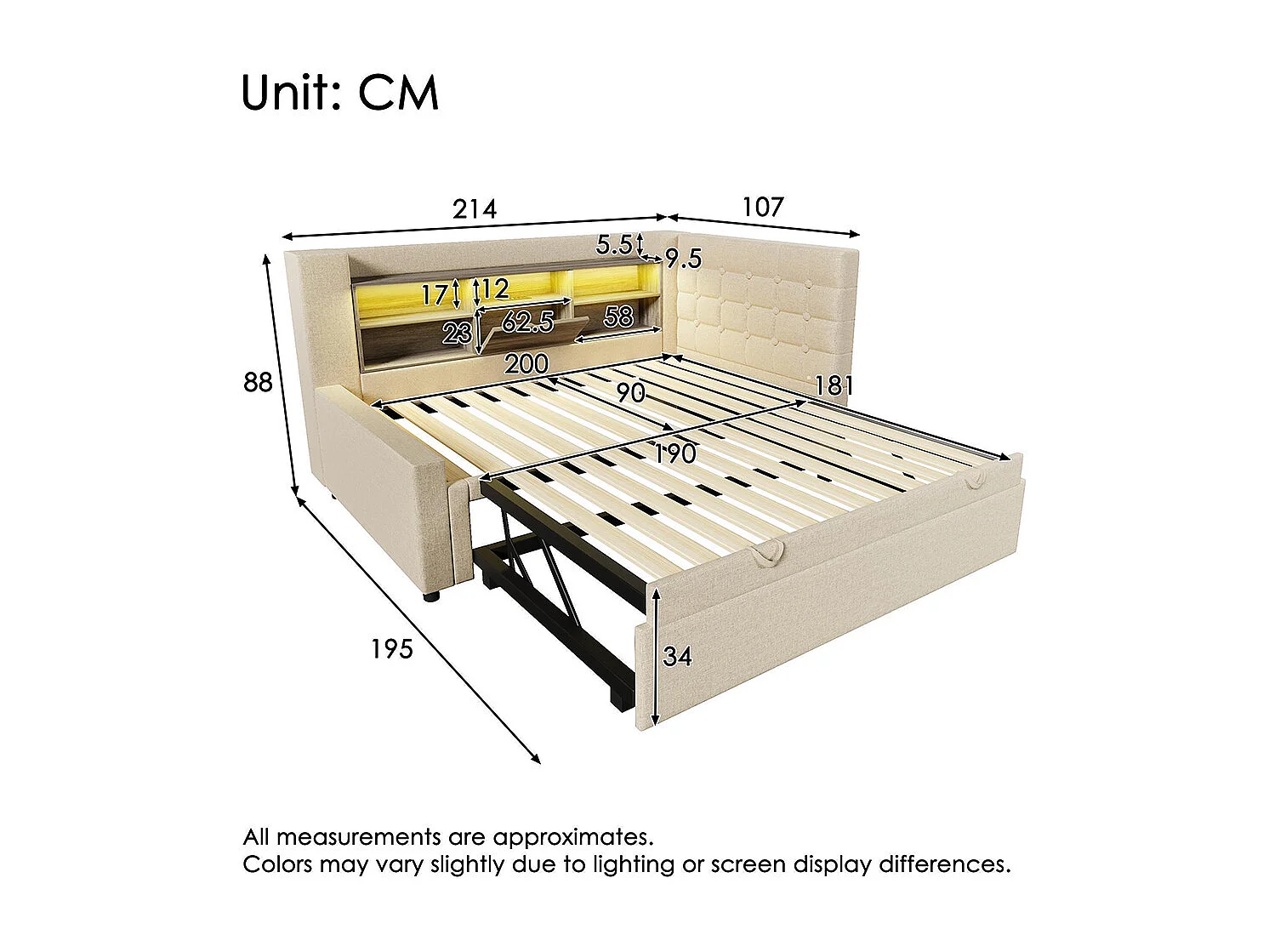 Lit banquette 90x200 cm, avec lit escamotable 90x190 cm et éclairage LED, tête de lit en forme de L, peut être monté des deux côtés, lin, beige