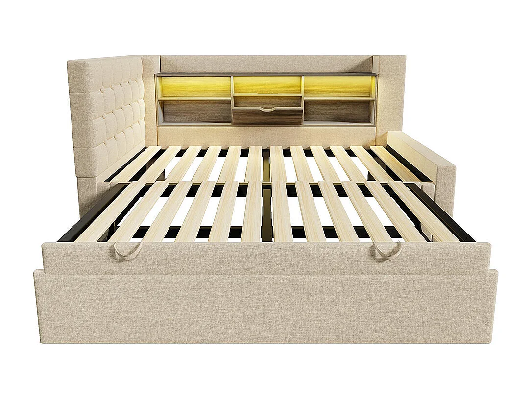 Lit banquette 90x200 cm, avec lit escamotable 90x190 cm et éclairage LED, tête de lit en forme de L, peut être monté des deux côtés, lin, beige