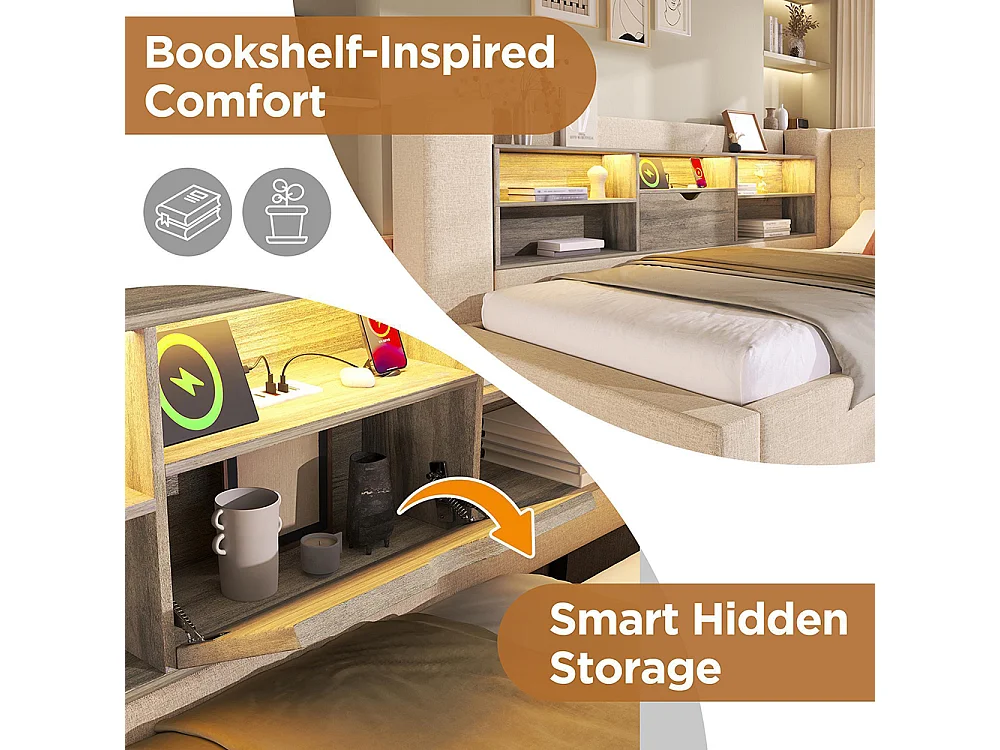 Lit banquette 90x200 cm, avec lit escamotable 90x190 cm et éclairage LED, tête de lit en forme de L, peut être monté des deux côtés, lin, beige