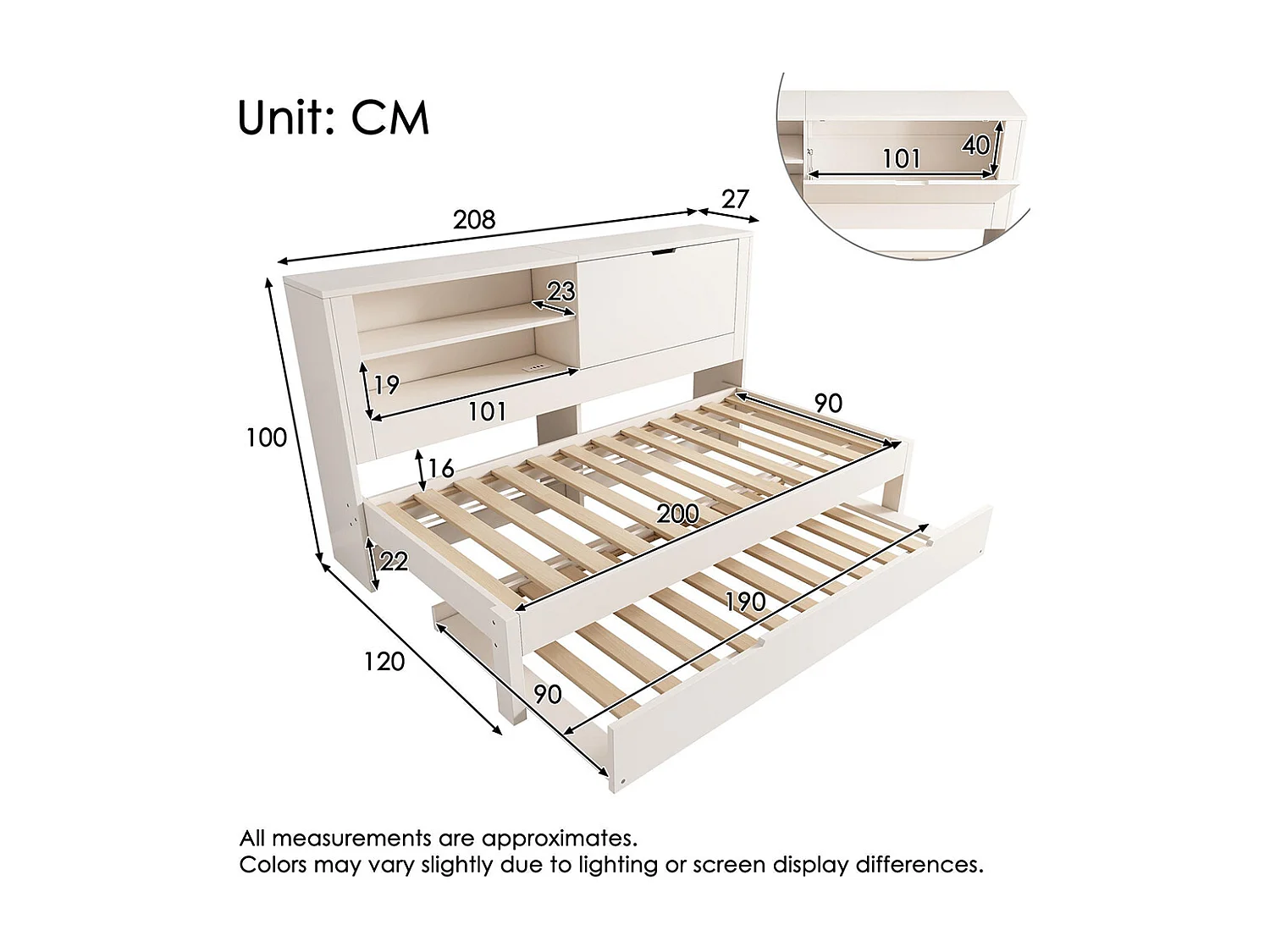 Slaapbank 90 x 200 cm met uitschuifbaar bed 90 x 190 met open opbergvak, USB/USB-C-oplaadstation, wit