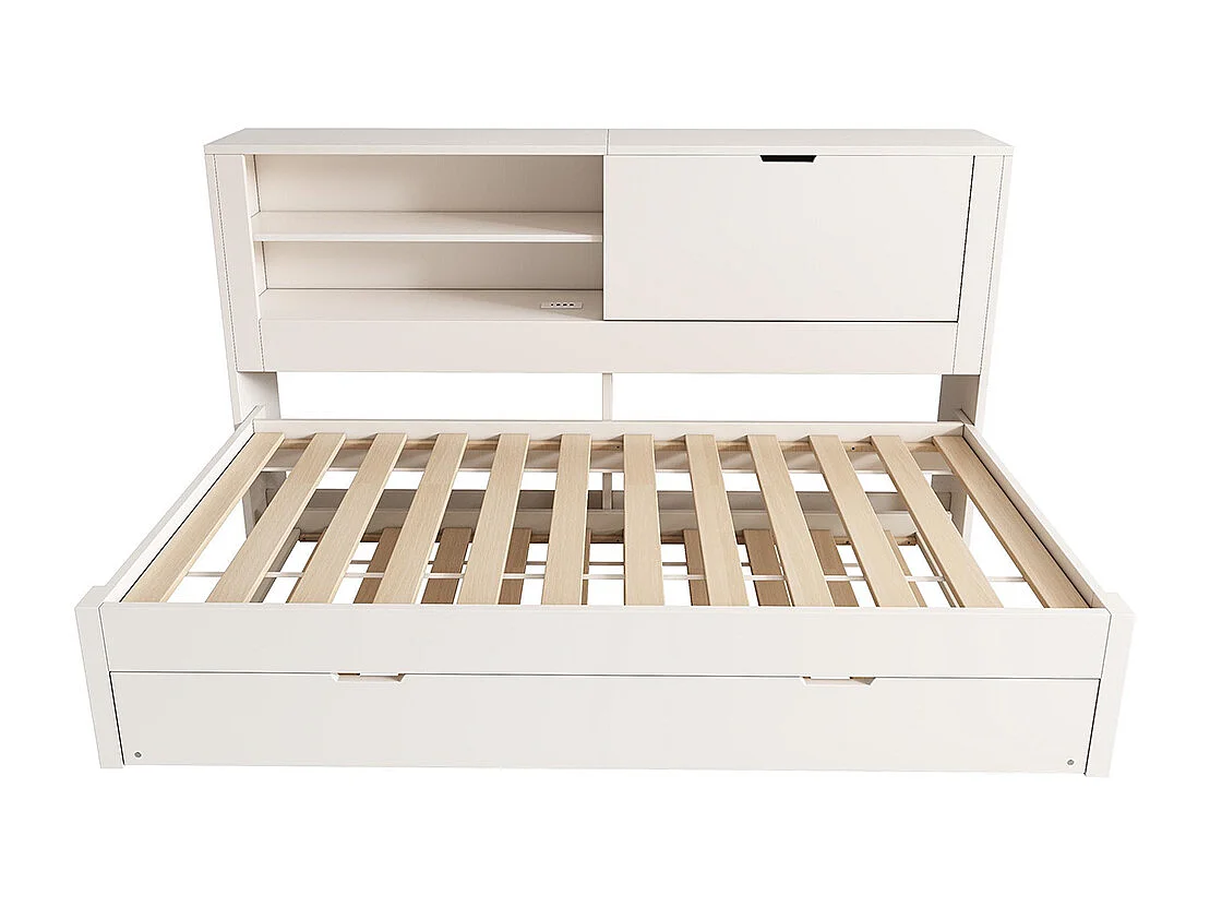 Slaapbank 90 x 200 cm met uitschuifbaar bed 90 x 190 met open opbergvak, USB/USB-C-oplaadstation, wit
