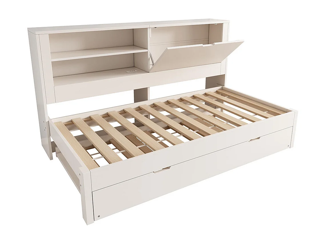 Slaapbank 90 x 200 cm met uitschuifbaar bed 90 x 190 met open opbergvak, USB/USB-C-oplaadstation, wit