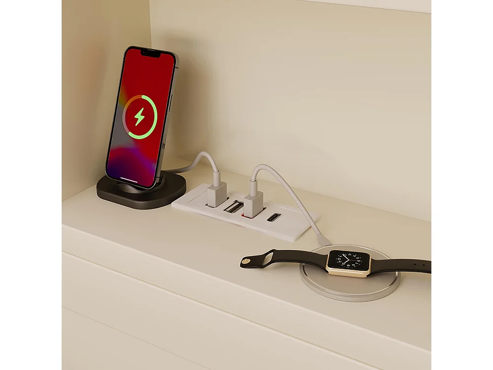 Slaapbank 90 x 200 cm met uitschuifbaar bed 90 x 190 met open opbergvak, USB/USB-C-oplaadstation, wit