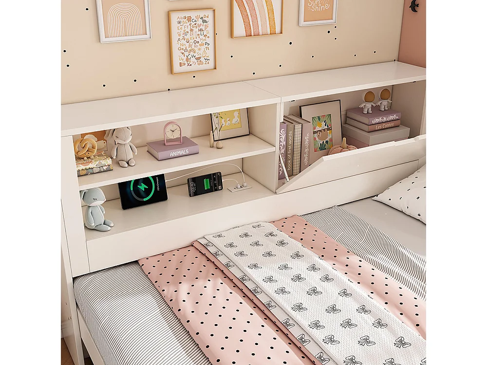 Slaapbank 90 x 200 cm met uitschuifbaar bed 90 x 190 met open opbergvak, USB/USB-C-oplaadstation, wit