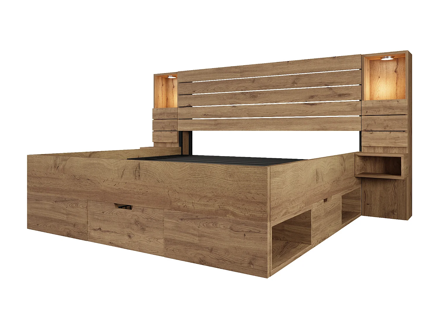 Lit double, avec downlight LED et connecteur USB Type-C, niche éclairée, table de chevet avec tiroirs,couleur chêne-160x200 cm