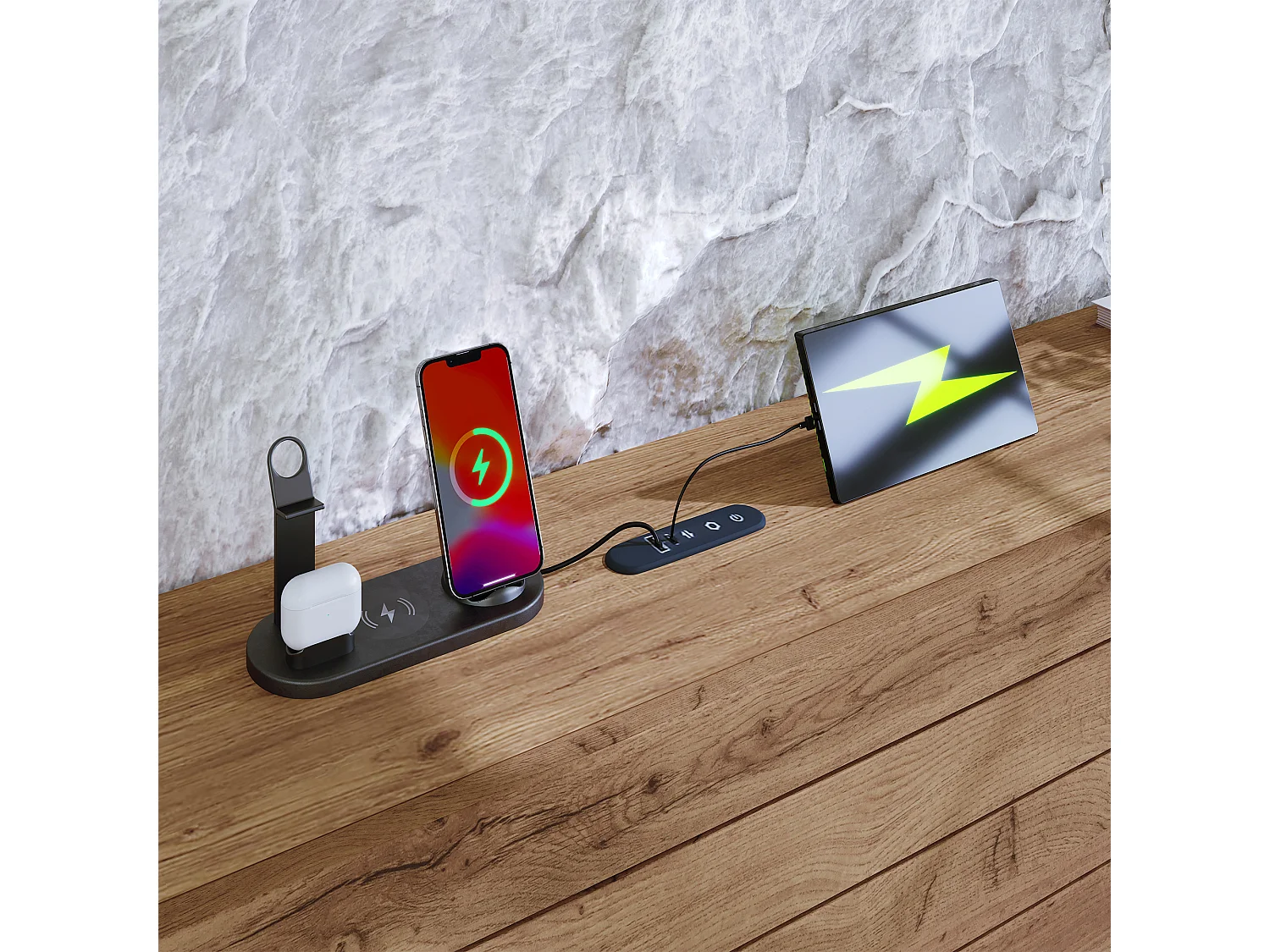 Lit double, avec downlight LED et connecteur USB Type-C, niche éclairée, table de chevet avec tiroirs,couleur chêne-160x200 cm