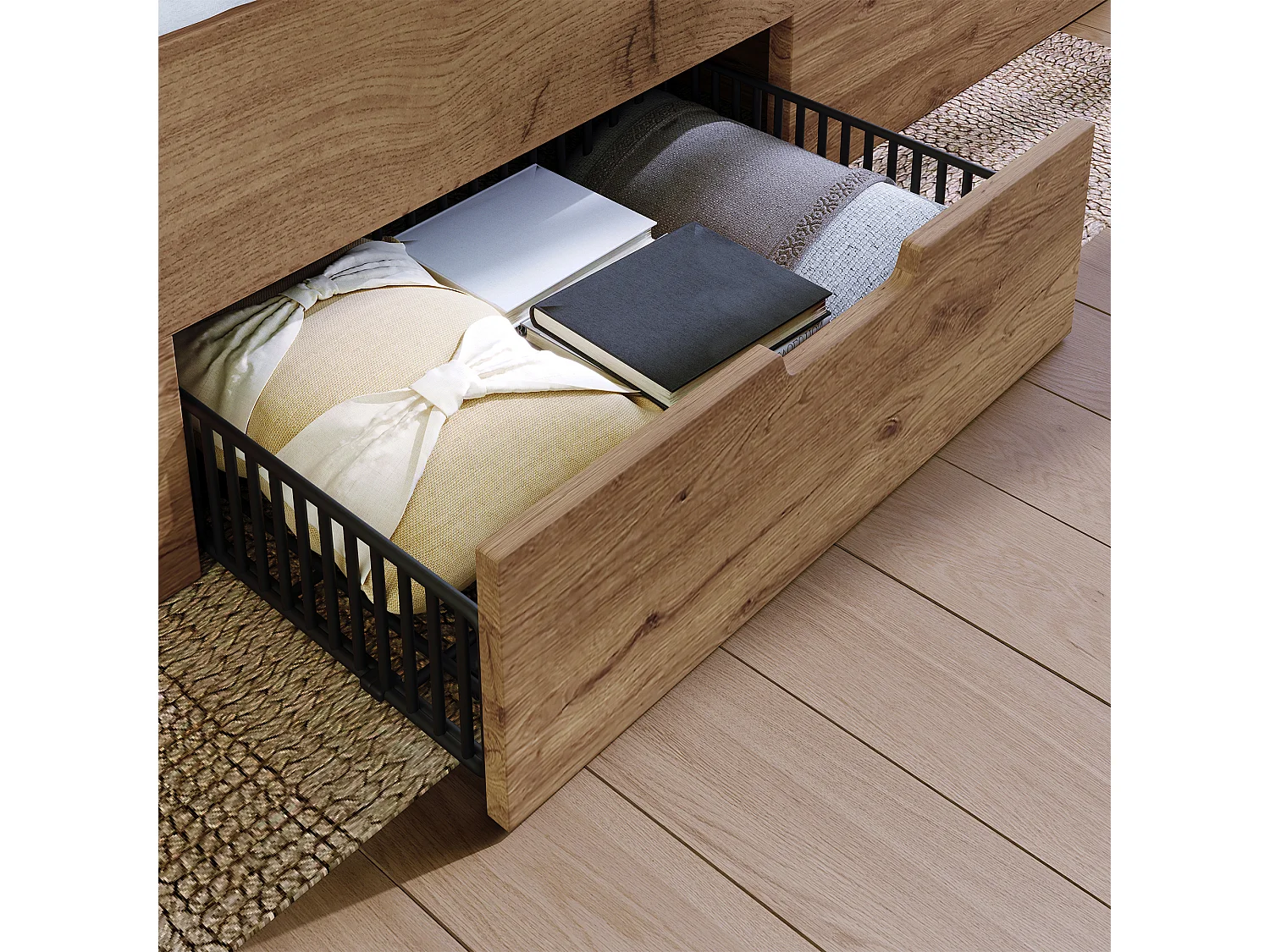 Lit double, avec downlight LED et connecteur USB Type-C, niche éclairée, table de chevet avec tiroirs,couleur chêne-160x200 cm