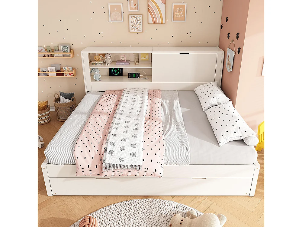 Lit banquette 140 x 190 cm avec couchette extractible 90 x 190 avec compartiment ouvert, station de charge USB/USB-C, blanc