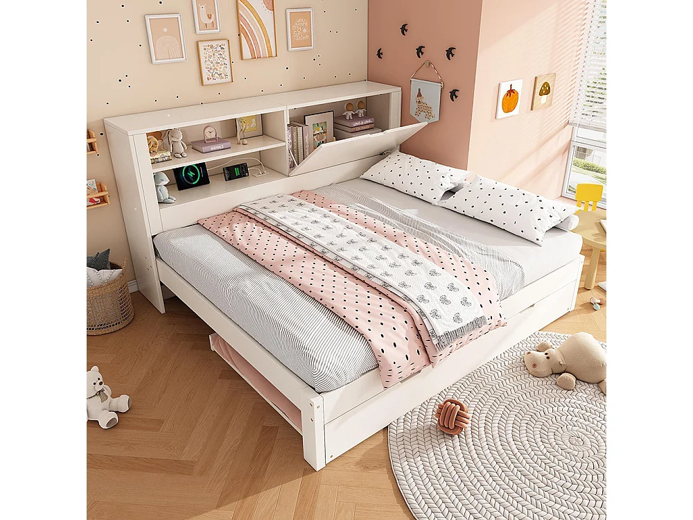 Lit banquette 140 x 190 cm avec couchette extractible 90 x 190 avec compartiment ouvert, station de charge USB/USB-C, blanc