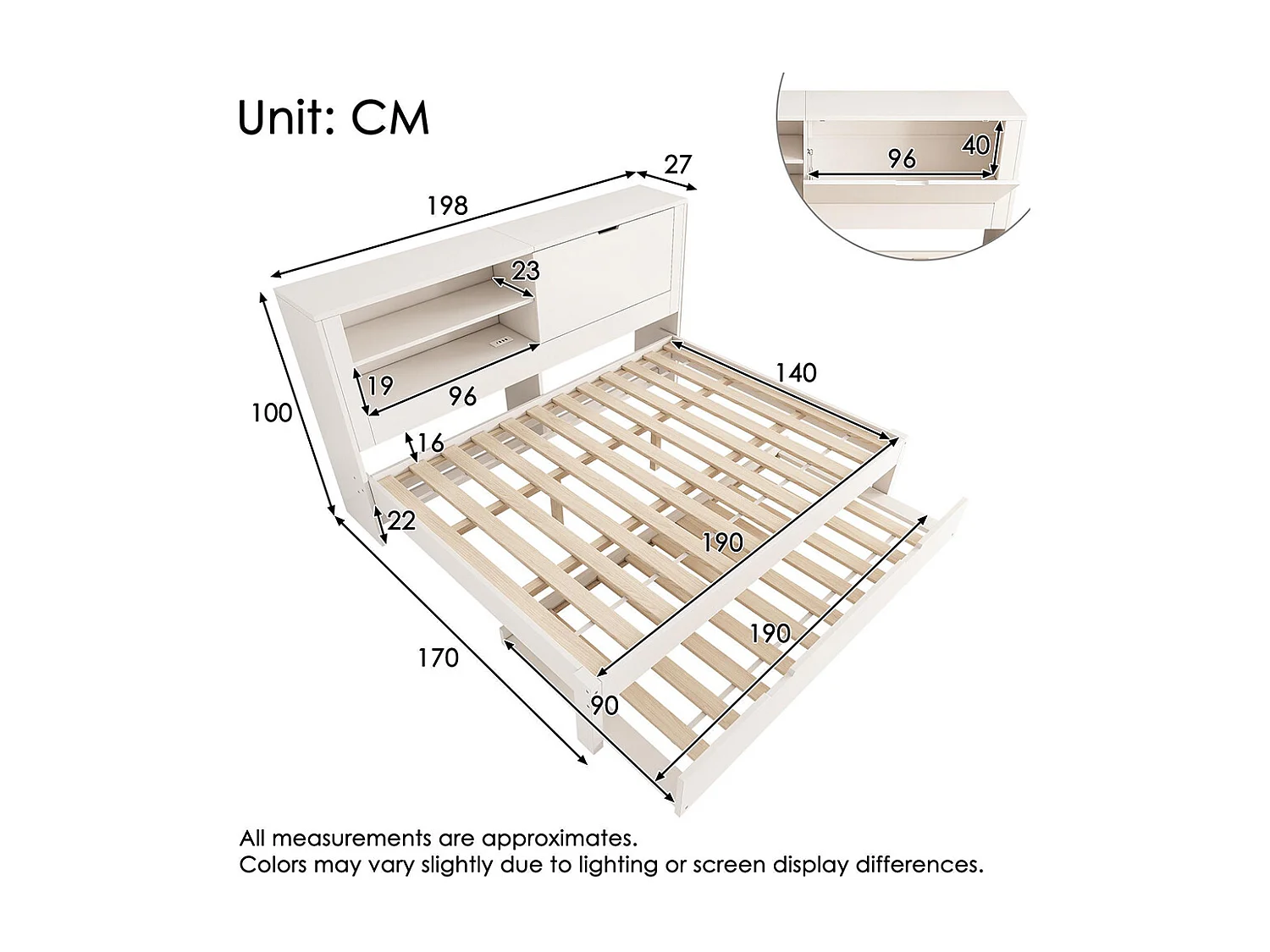 Lit banquette 140 x 190 cm avec couchette extractible 90 x 190 avec compartiment ouvert, station de charge USB/USB-C, blanc