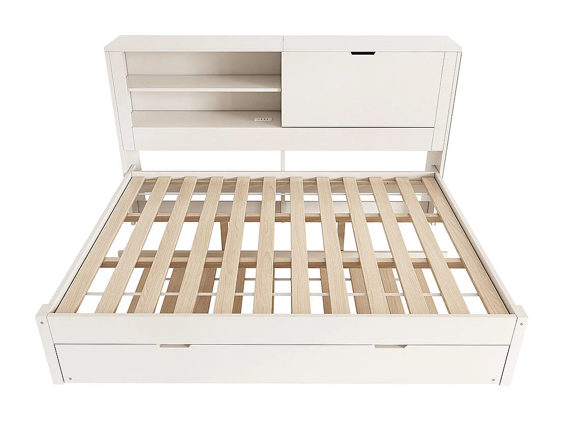 Lit banquette 140 x 190 cm avec couchette extractible 90 x 190 avec compartiment ouvert, station de charge USB/USB-C, blanc