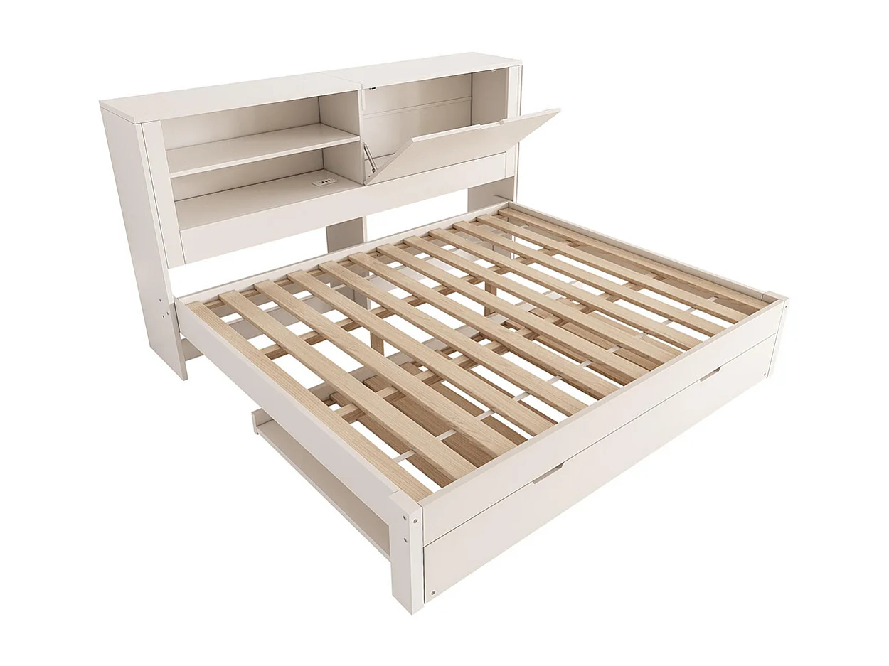 Lit banquette 140 x 190 cm avec couchette extractible 90 x 190 avec compartiment ouvert, station de charge USB/USB-C, blanc