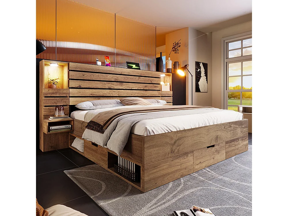 Lit double, avec downlight LED et connecteur USB Type-C, niche éclairée, table de chevet avec tiroirs,couleur chêne-180x200 cm