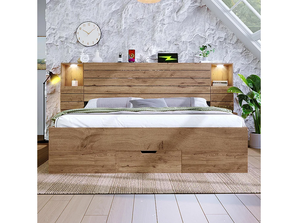 Lit double, avec downlight LED et connecteur USB Type-C, niche éclairée, table de chevet avec tiroirs,couleur chêne-180x200 cm