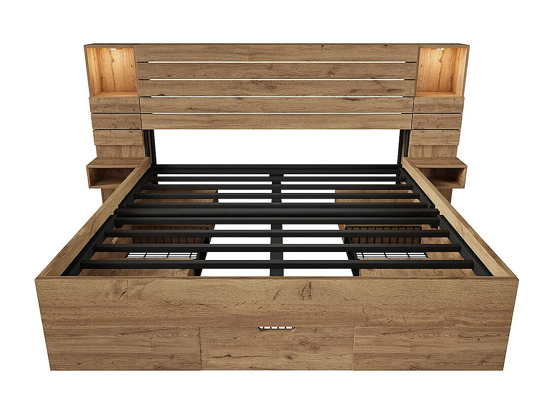 Lit double, avec downlight LED et connecteur USB Type-C, niche éclairée, table de chevet avec tiroirs,couleur chêne-180x200 cm