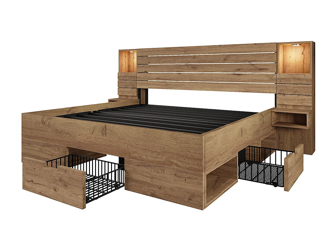 Lit double, avec downlight LED et connecteur USB Type-C, niche éclairée, table de chevet avec tiroirs,couleur chêne-180x200 cm