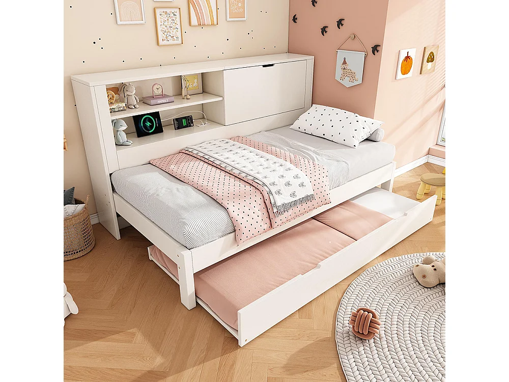 Slaapbank 90 x 190 cm met uitschuifbaar bed 90 x 190 met open opbergruimte, USB/USB-C-oplaadstation, wit