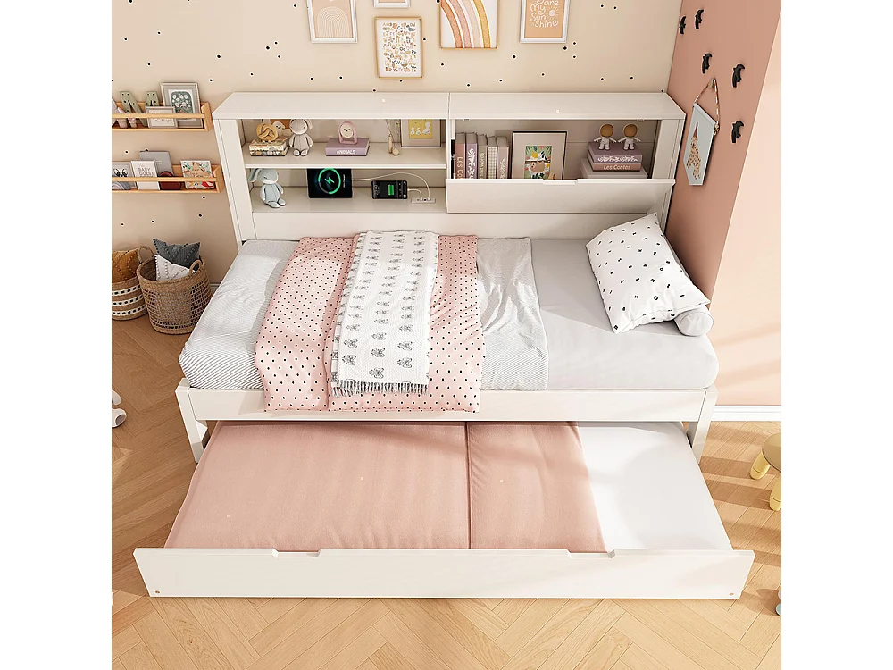 Slaapbank 90 x 190 cm met uitschuifbaar bed 90 x 190 met open opbergruimte, USB/USB-C-oplaadstation, wit