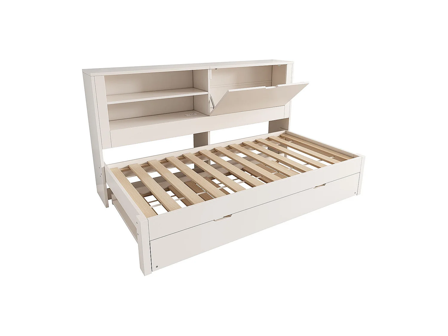 Slaapbank 90 x 190 cm met uitschuifbaar bed 90 x 190 met open opbergruimte, USB/USB-C-oplaadstation, wit