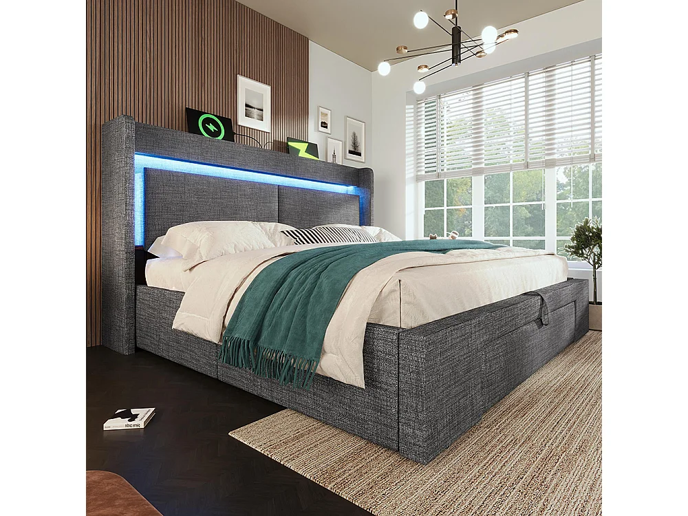 Letto per adulti con contenitore idraulico e testiera con vano contenitore, illuminazione a LED e porte USB e USB-C, lino, grigio - 140x200 cm