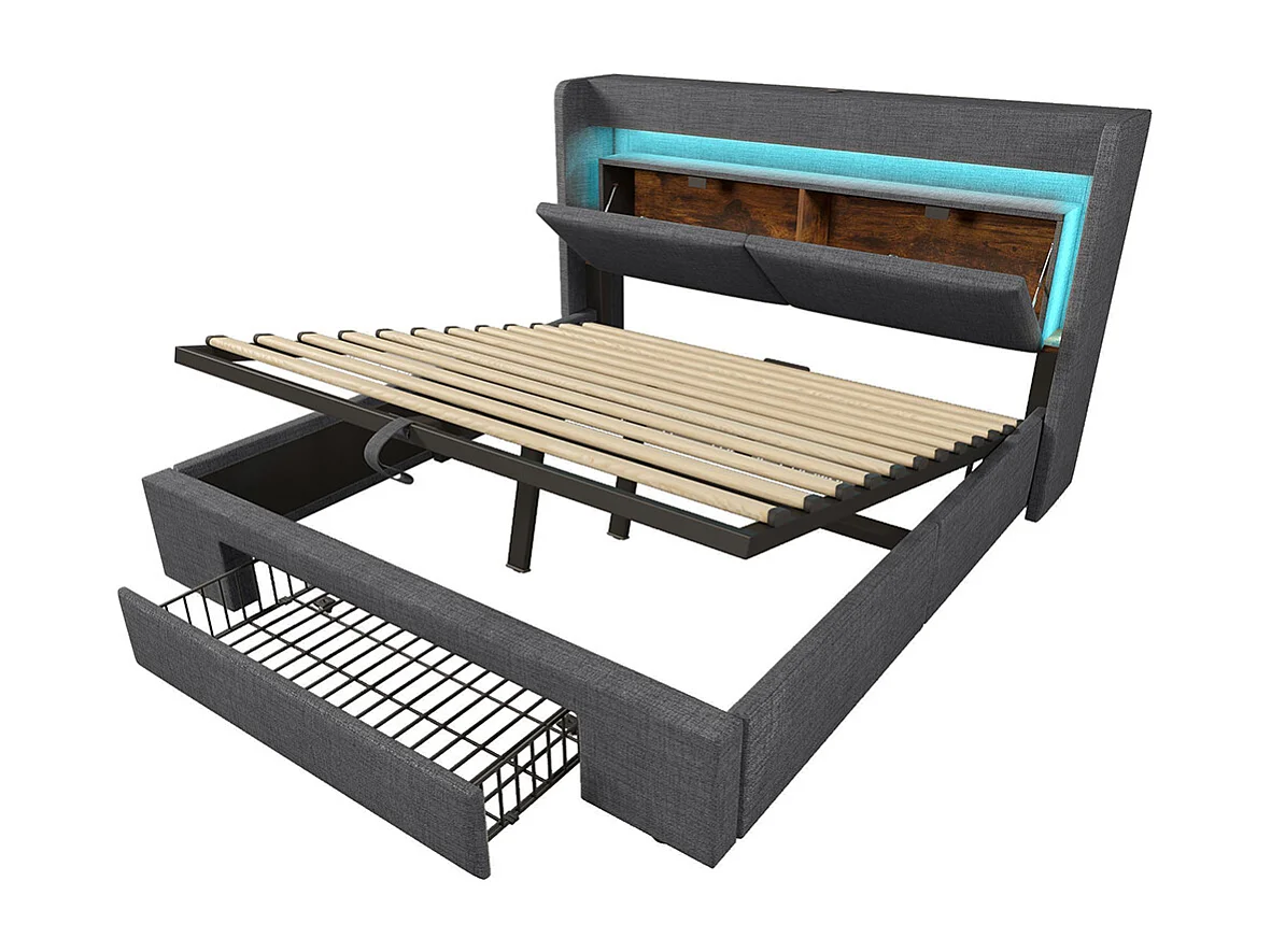 Letto per adulti con contenitore idraulico e testiera con vano contenitore, illuminazione a LED e porte USB e USB-C, lino, grigio - 140x200 cm