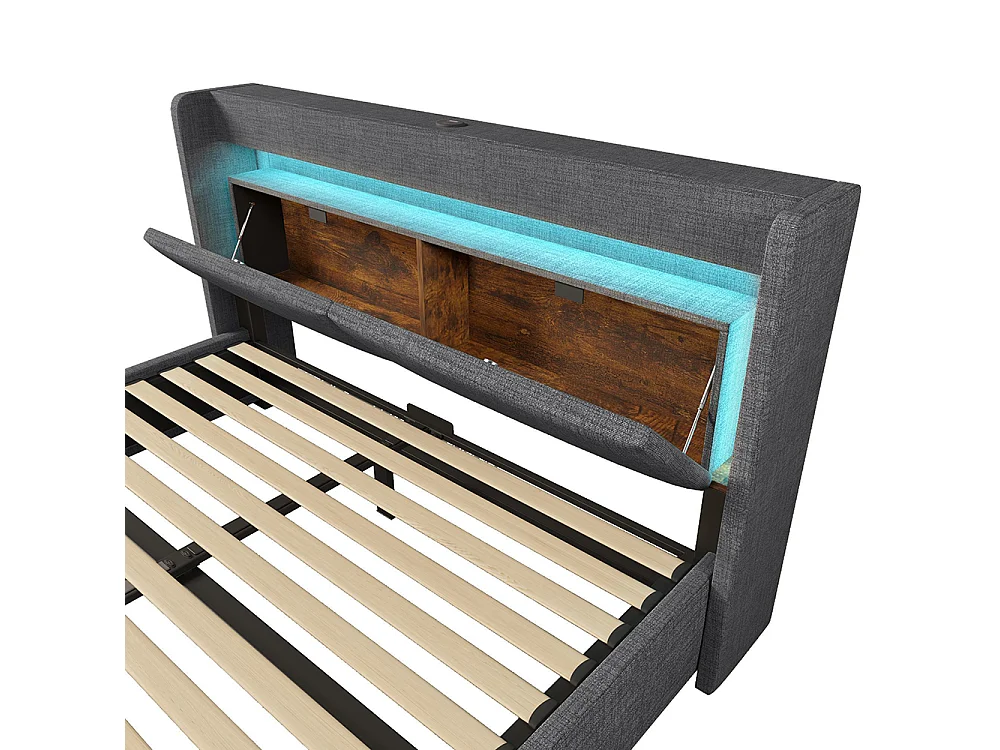 Letto per adulti con contenitore idraulico e testiera con vano contenitore, illuminazione a LED e porte USB e USB-C, lino, grigio - 140x200 cm