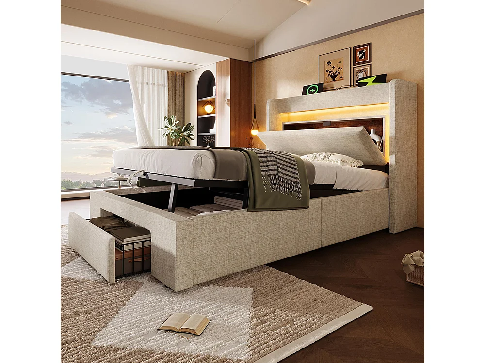 Lit adulte avec rangement hydraulique et compartiment de rangement, éclairage LED et ports USB et USB-C, beige, lin - 90x200 cm