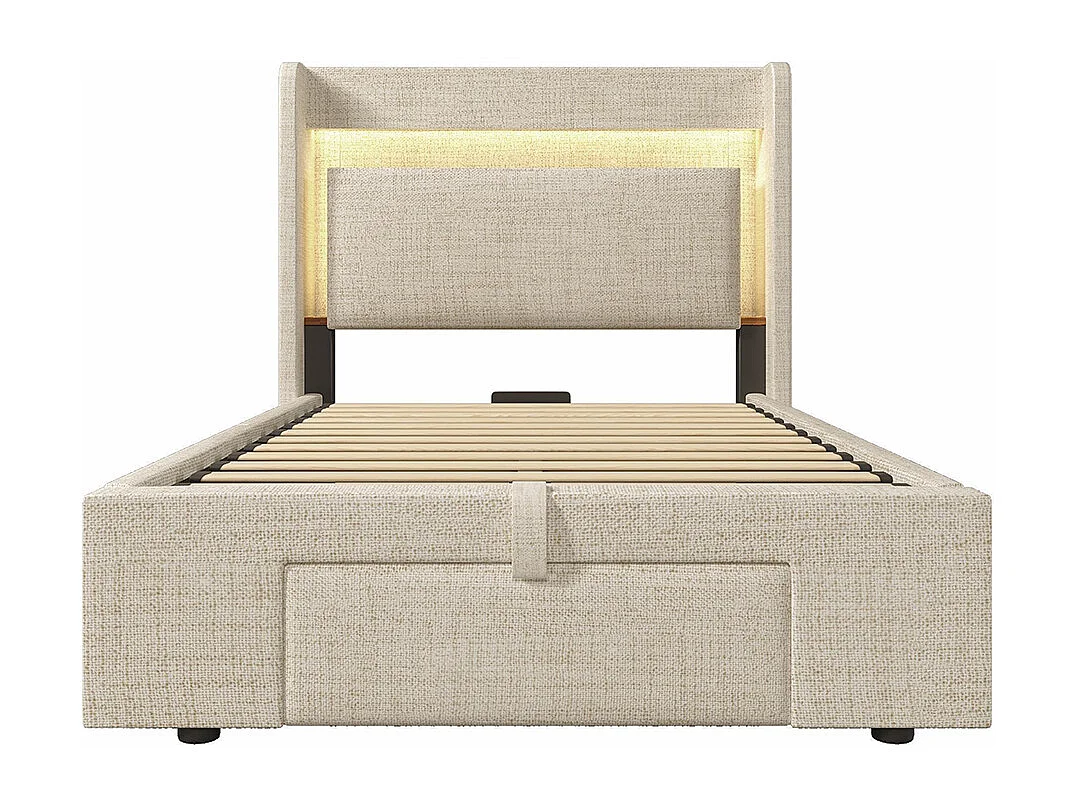 Lit adulte avec rangement hydraulique et compartiment de rangement, éclairage LED et ports USB et USB-C, beige, lin - 90x200 cm