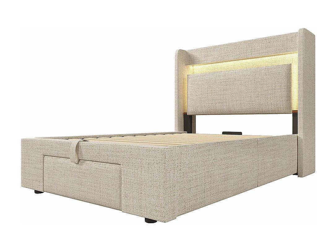 Lit adulte avec rangement hydraulique et compartiment de rangement, éclairage LED et ports USB et USB-C, beige, lin - 90x200 cm
