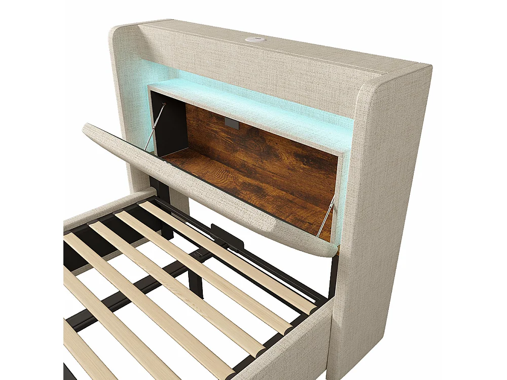 Lit adulte avec rangement hydraulique et compartiment de rangement, éclairage LED et ports USB et USB-C, beige, lin - 90x200 cm