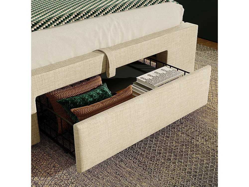 Lit adulte avec rangement hydraulique et compartiment de rangement, éclairage LED et ports USB et USB-C, beige, lin - 90x200 cm