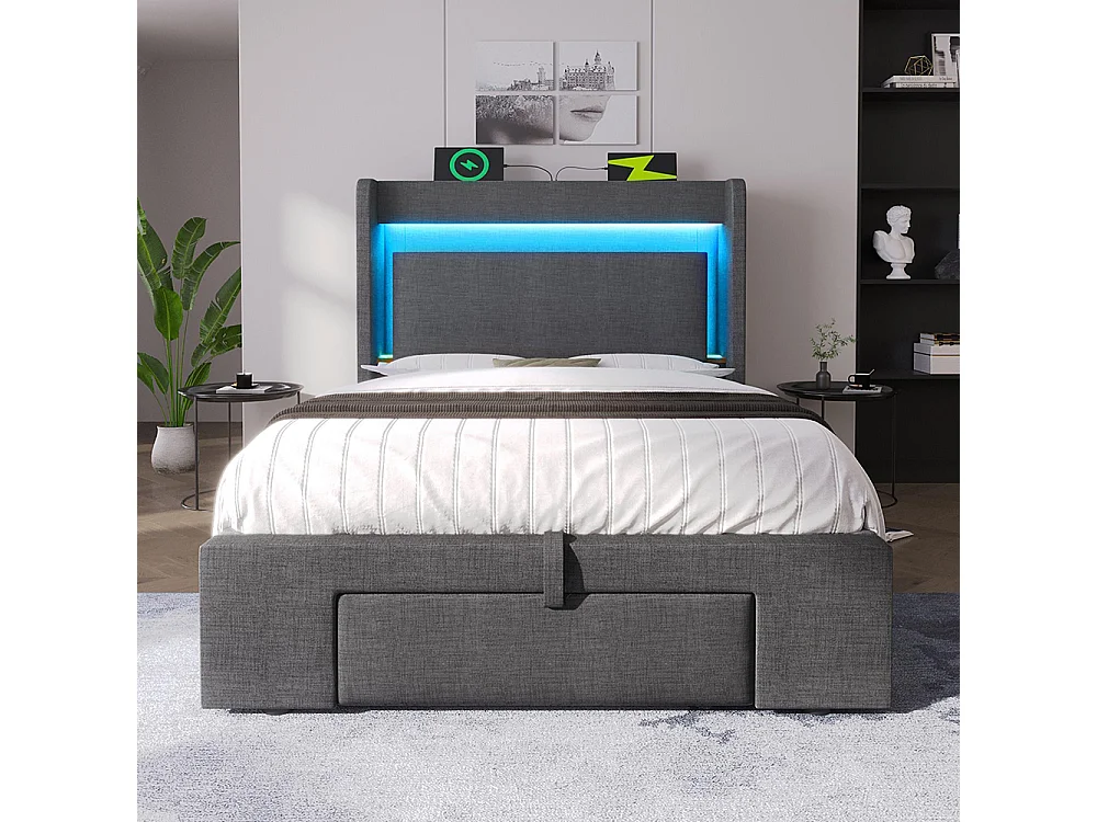 Lit adulte avec rangement hydraulique et tête de lit avec compartiment de rangement, éclairage LED et ports USB et USB-C, lin, gris - 90x200 cm