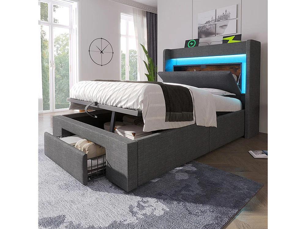 Lit adulte avec rangement hydraulique et tête de lit avec compartiment de rangement, éclairage LED et ports USB et USB-C, lin, gris - 90x200 cm