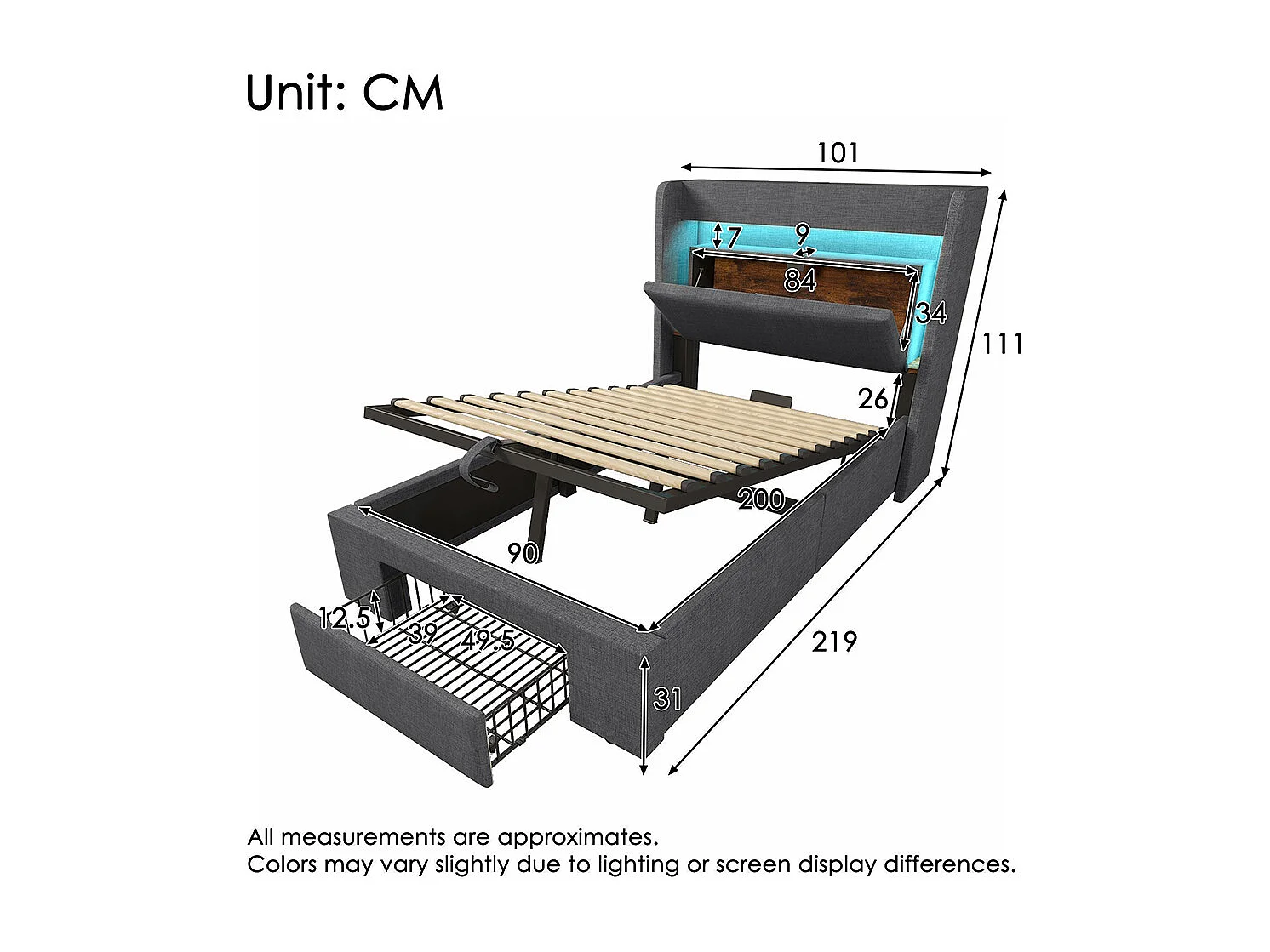 Lit adulte avec rangement hydraulique et tête de lit avec compartiment de rangement, éclairage LED et ports USB et USB-C, lin, gris - 90x200 cm