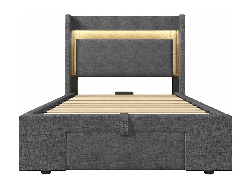 Lit adulte avec rangement hydraulique et tête de lit avec compartiment de rangement, éclairage LED et ports USB et USB-C, lin, gris - 90x200 cm