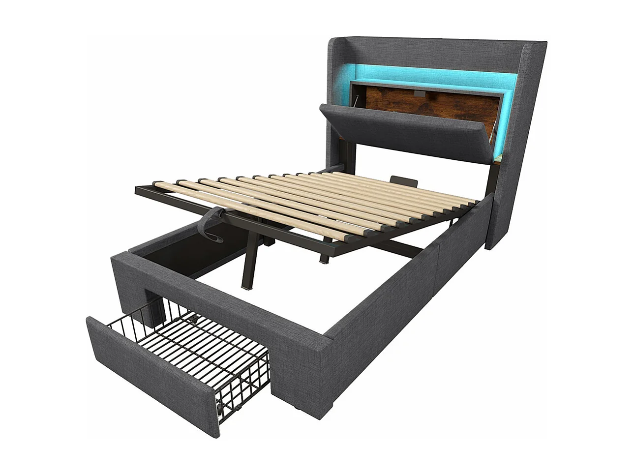 Lit adulte avec rangement hydraulique et tête de lit avec compartiment de rangement, éclairage LED et ports USB et USB-C, lin, gris - 90x200 cm