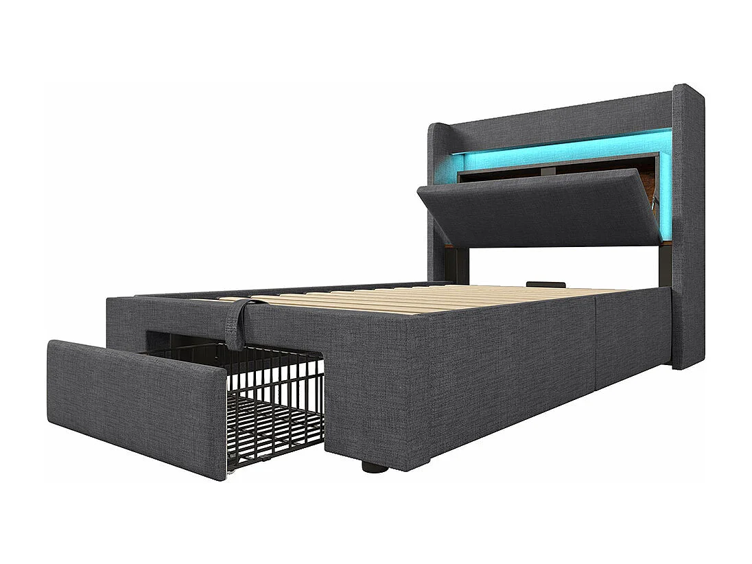 Lit adulte avec rangement hydraulique et tête de lit avec compartiment de rangement, éclairage LED et ports USB et USB-C, lin, gris - 90x200 cm