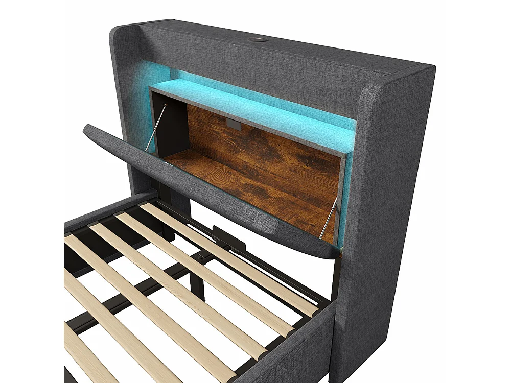 Lit adulte avec rangement hydraulique et tête de lit avec compartiment de rangement, éclairage LED et ports USB et USB-C, lin, gris - 90x200 cm