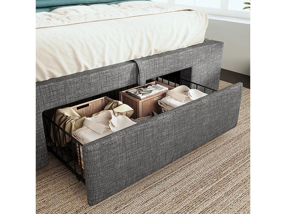 Lit adulte avec rangement hydraulique et tête de lit avec compartiment de rangement, éclairage LED et ports USB et USB-C, lin, gris - 90x200 cm